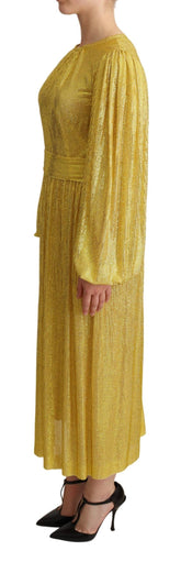 Dolce & Gabbana Yellow Crystal Mesh Pleated Maxi Dress
